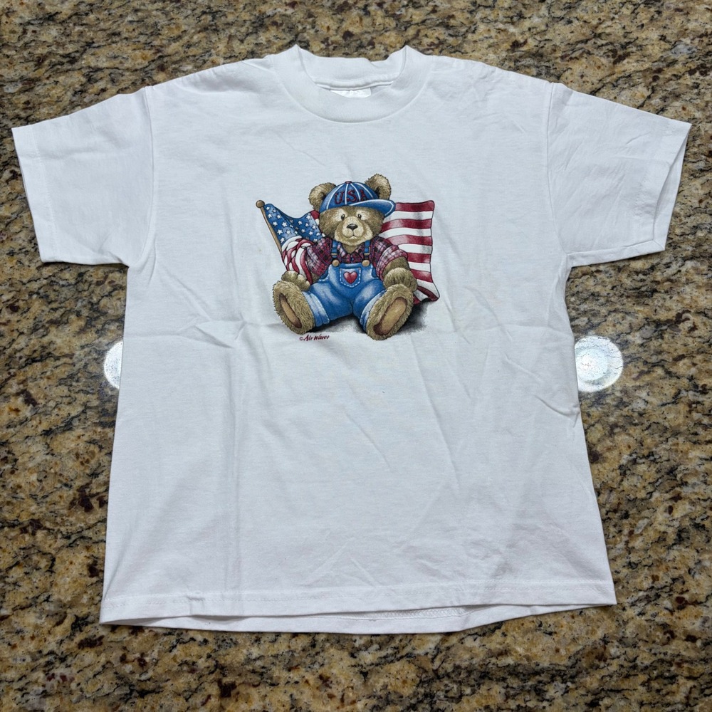 Vintage Air Waves USA Teddy M Bear American Flag Graphic T-Shirt White Kids M v